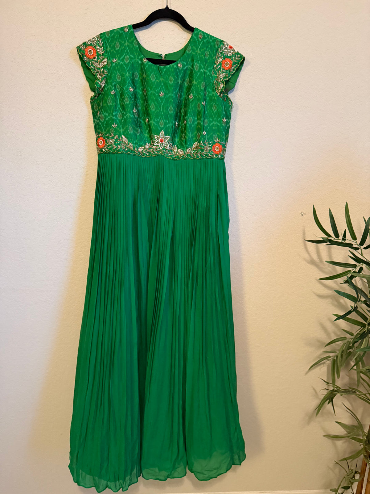 Green Raw Silk Ikkath Maggam Work Designer Long Dress with Short Sleeve