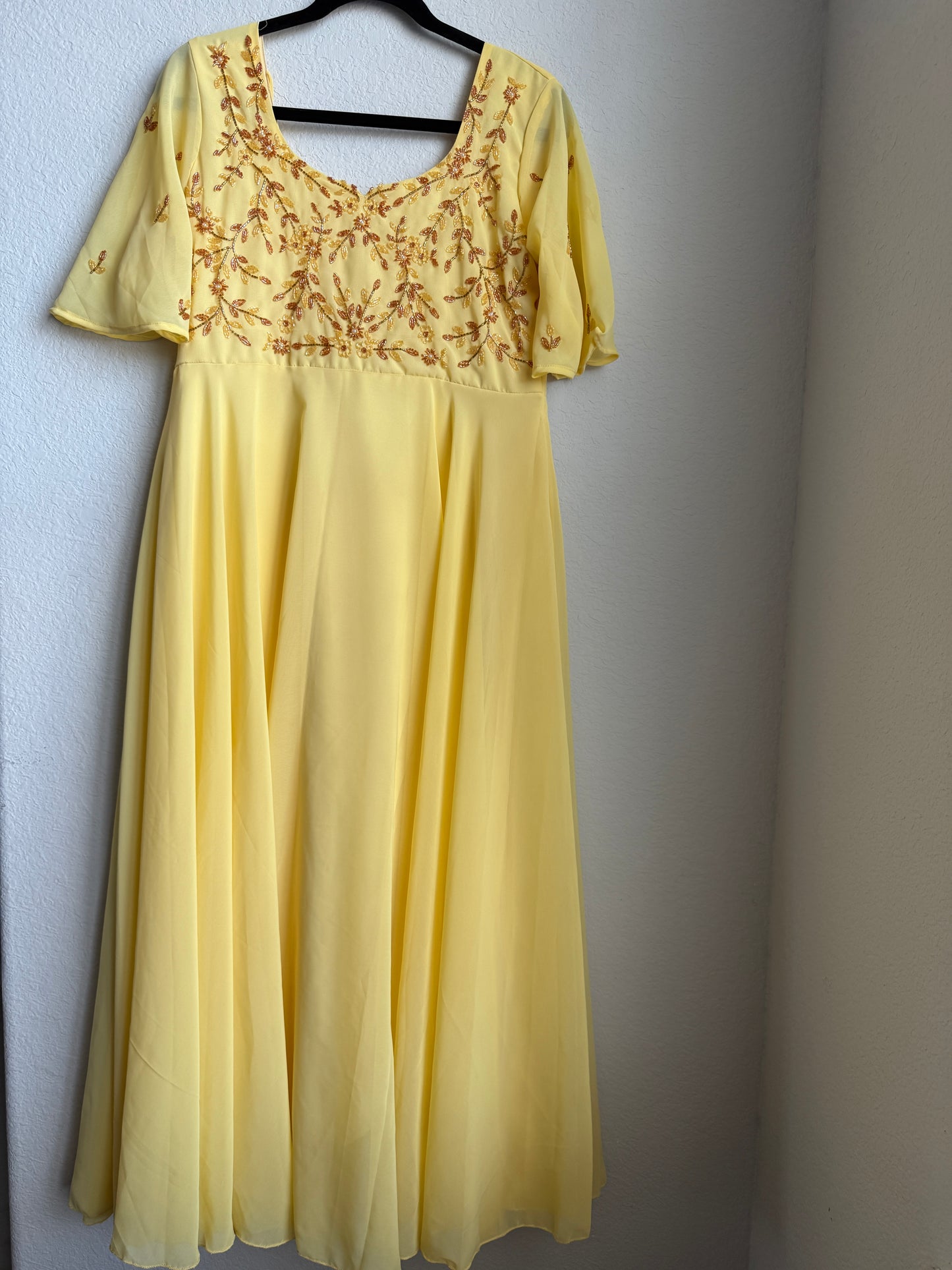 Yellow maggam work georgette heavy flare anarkali tunic