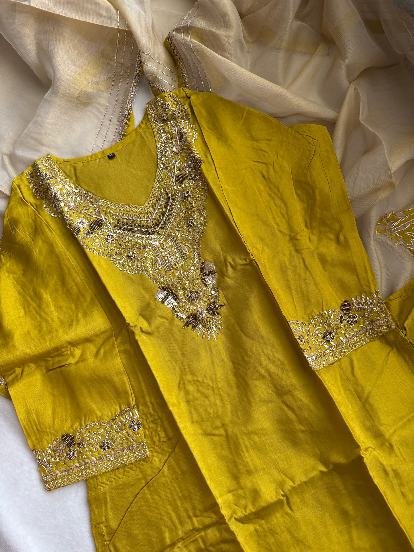 Mehendi green designer handwork straight cut partywear suit set