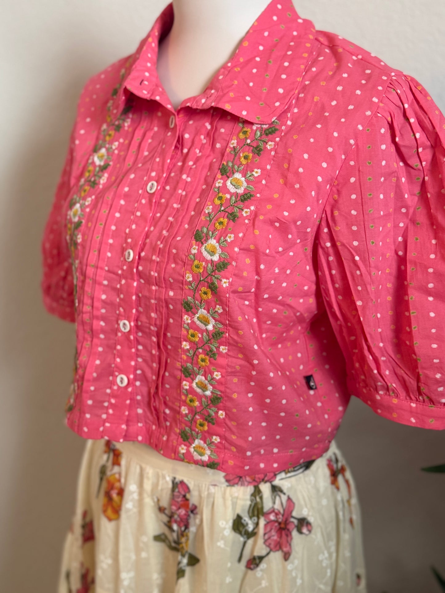 Pink crop top with white floral skirt