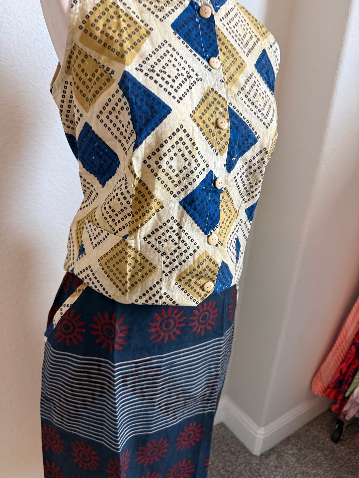 Biege and Blue Cotton Top with Cotton Skirt