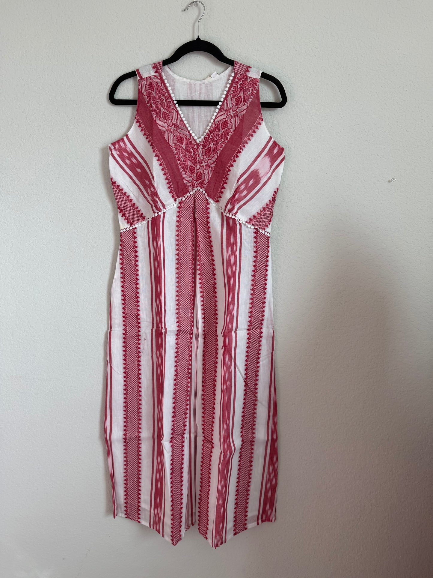 White and Red Summer Cotton Ikkath Sleeveless Dress - Sleeves available inside