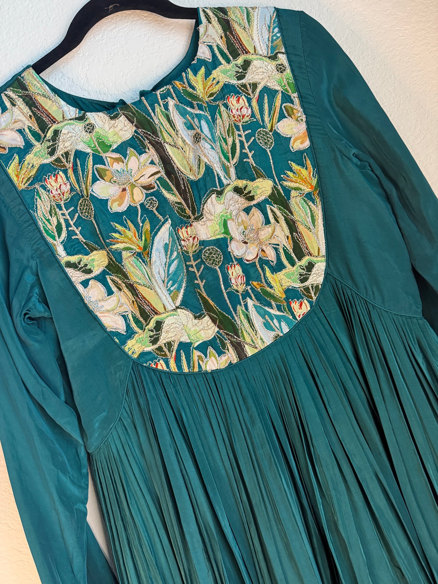 Bottle green crape silk anarkali tunic with yolk detailing