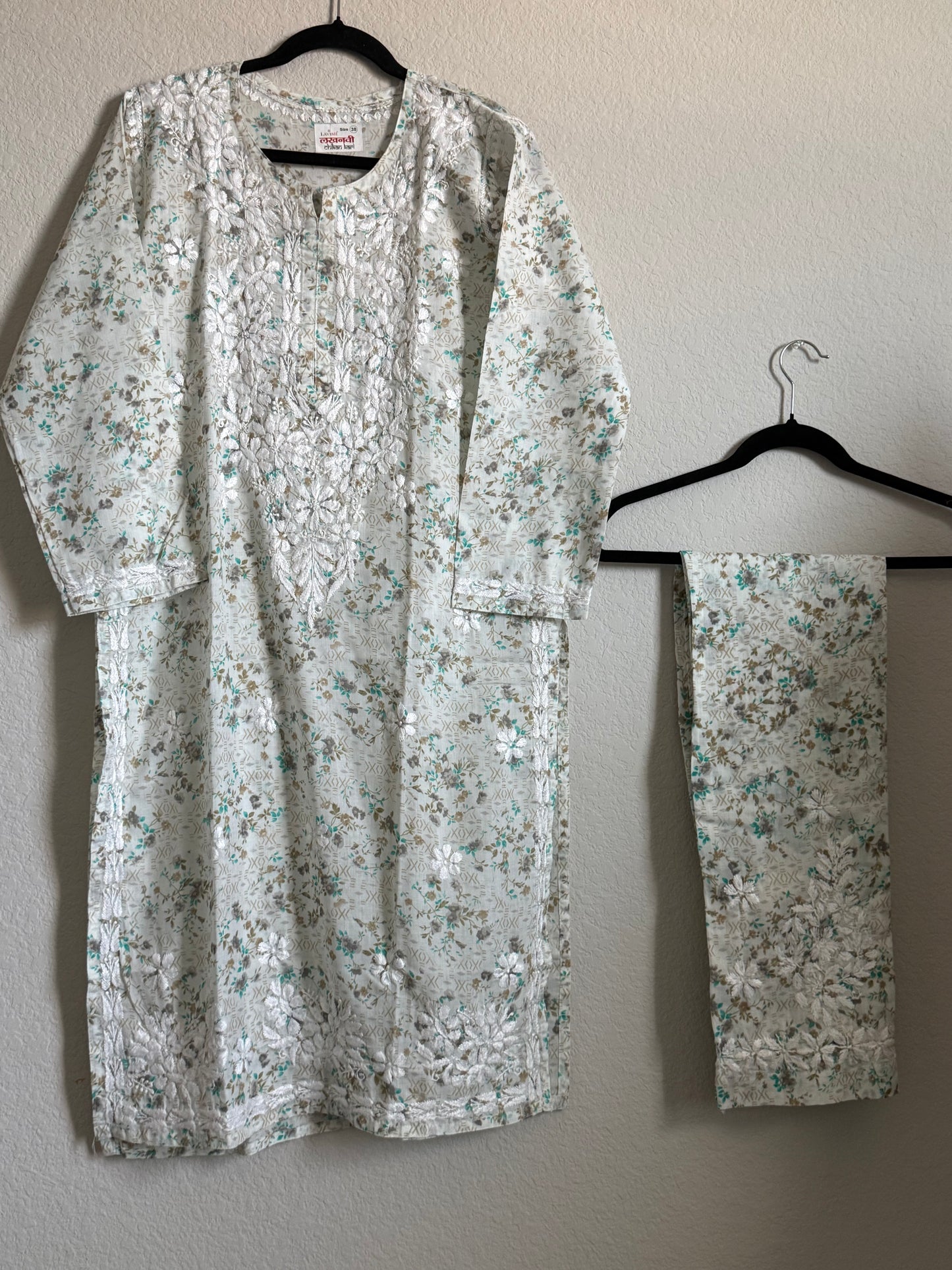 Green Floral Printed Cotton Chikankari Coord Set - Top with Palazzo