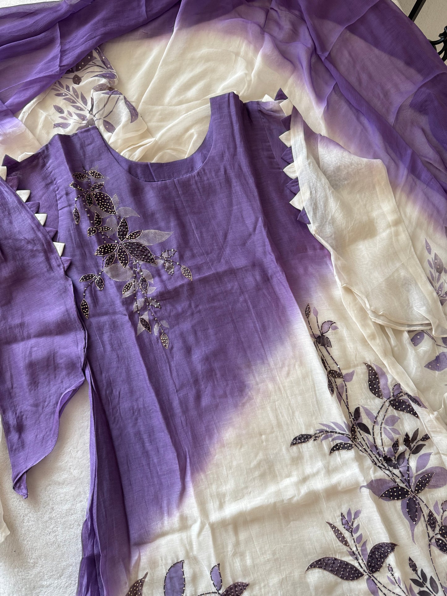 Pure mul chanderi handwork aline suit