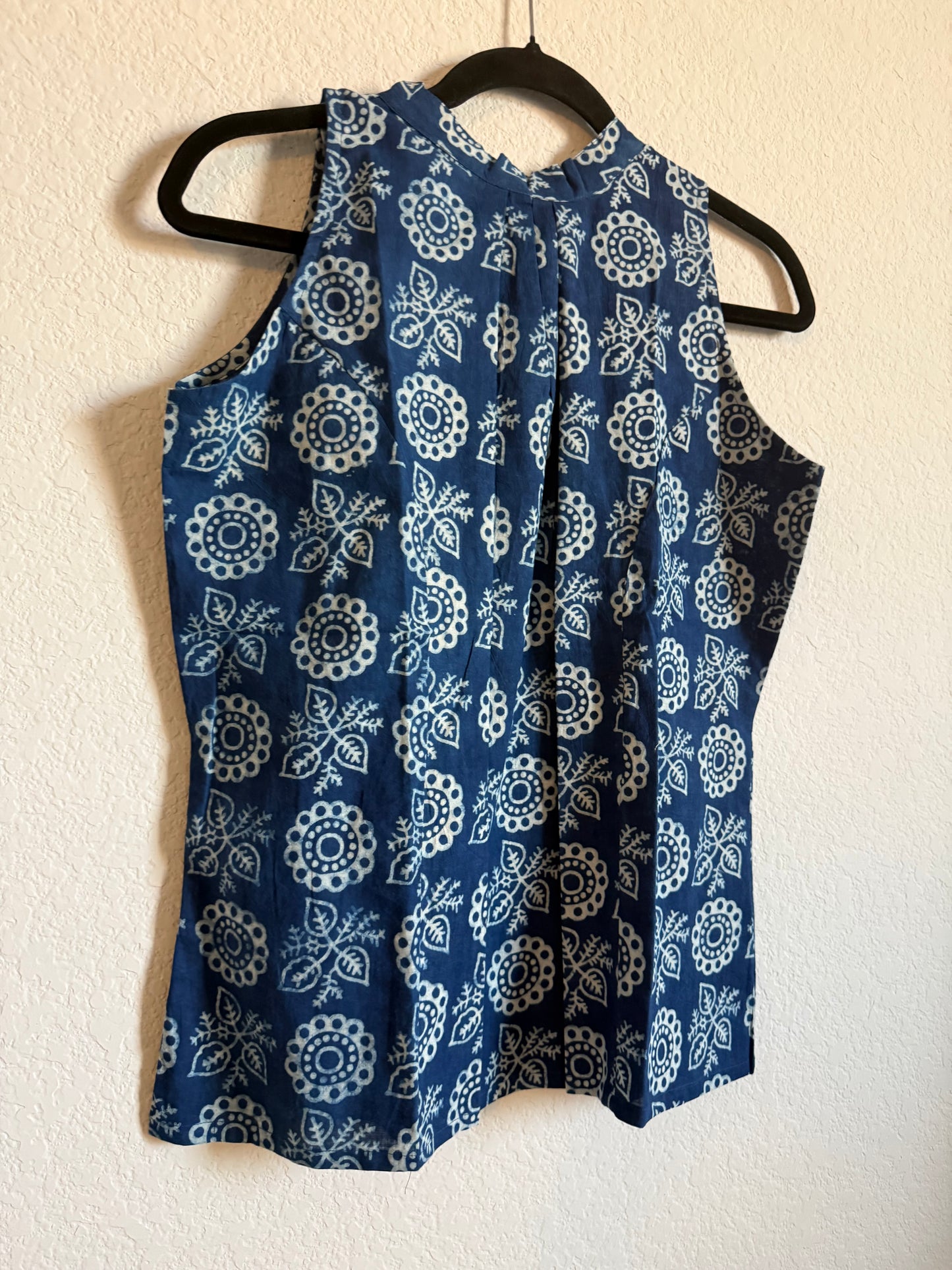 Indigo Blue Cotton Sleeveless Halter Neck Short Top