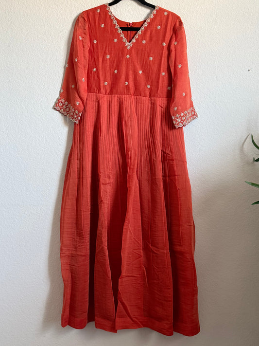Rust Orange Mul Chanderi Handwork Designer Dress