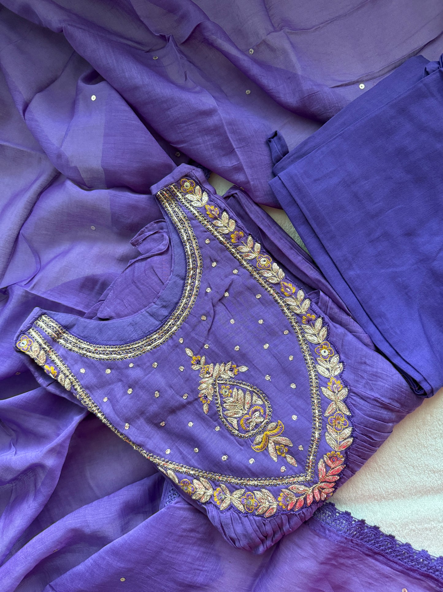 Purple mul chanderi designer A-line kurti set