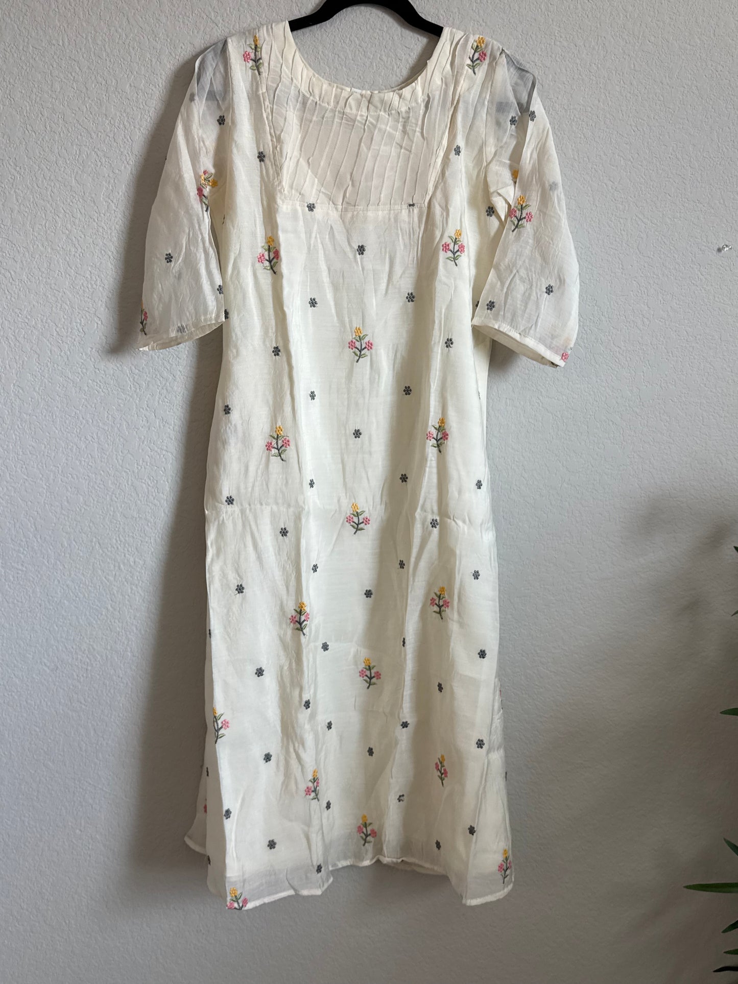Half White Floral Embroidered Mul Chanderi A-line Kurti