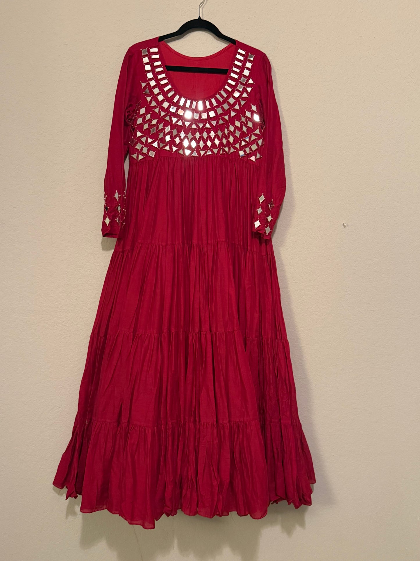 Pink Handwork Mirror Work Heavy Flared Anarkali Long Dress