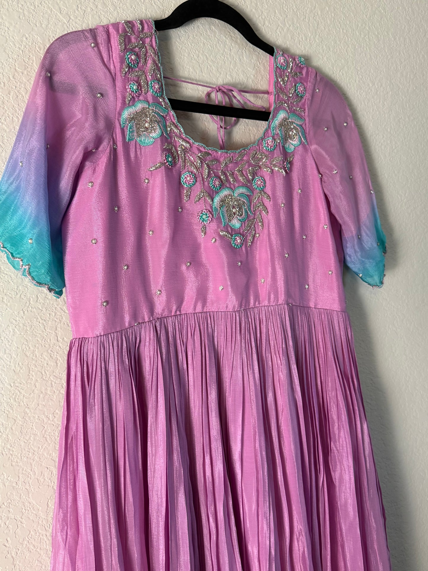 Light Pink with Teal Blue Chinnon Maggam Work Long Dress