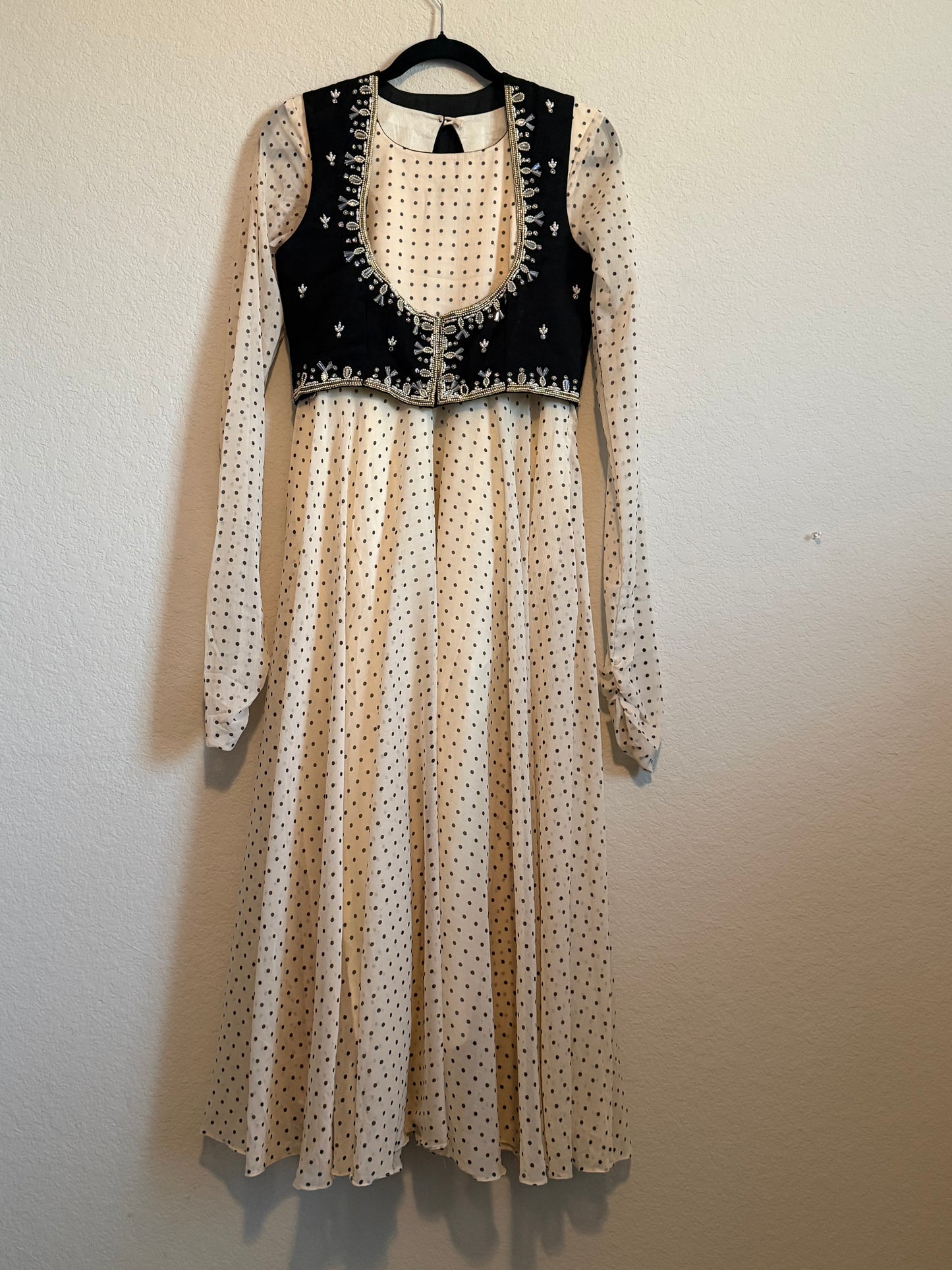 Half White Polka Dot Heavy Flared Georgette Full Sleeve Anarkali with Maggam Work Coat - Top + Dupatta