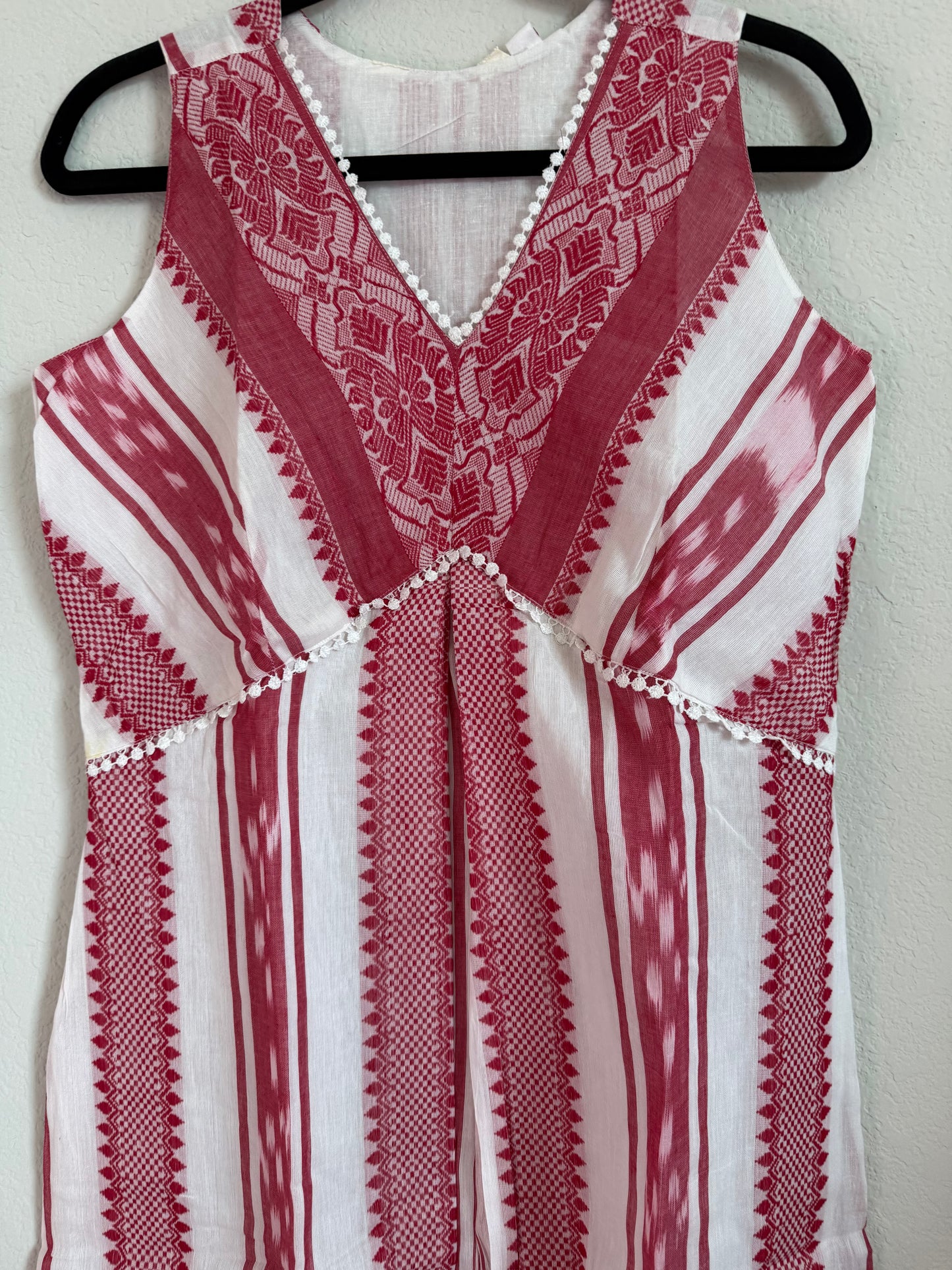 White and Red Summer Cotton Ikkath Sleeveless Dress - Sleeves available inside