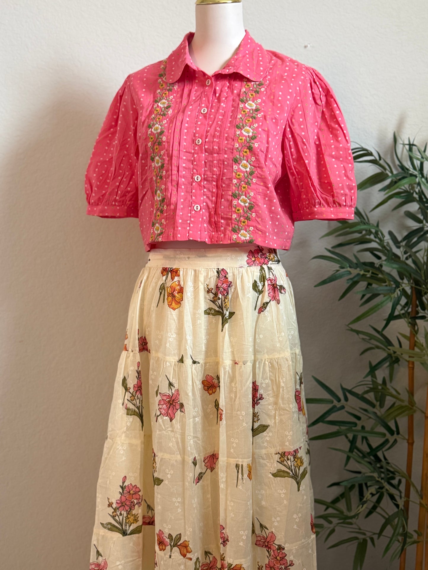 Pink crop top with white floral skirt