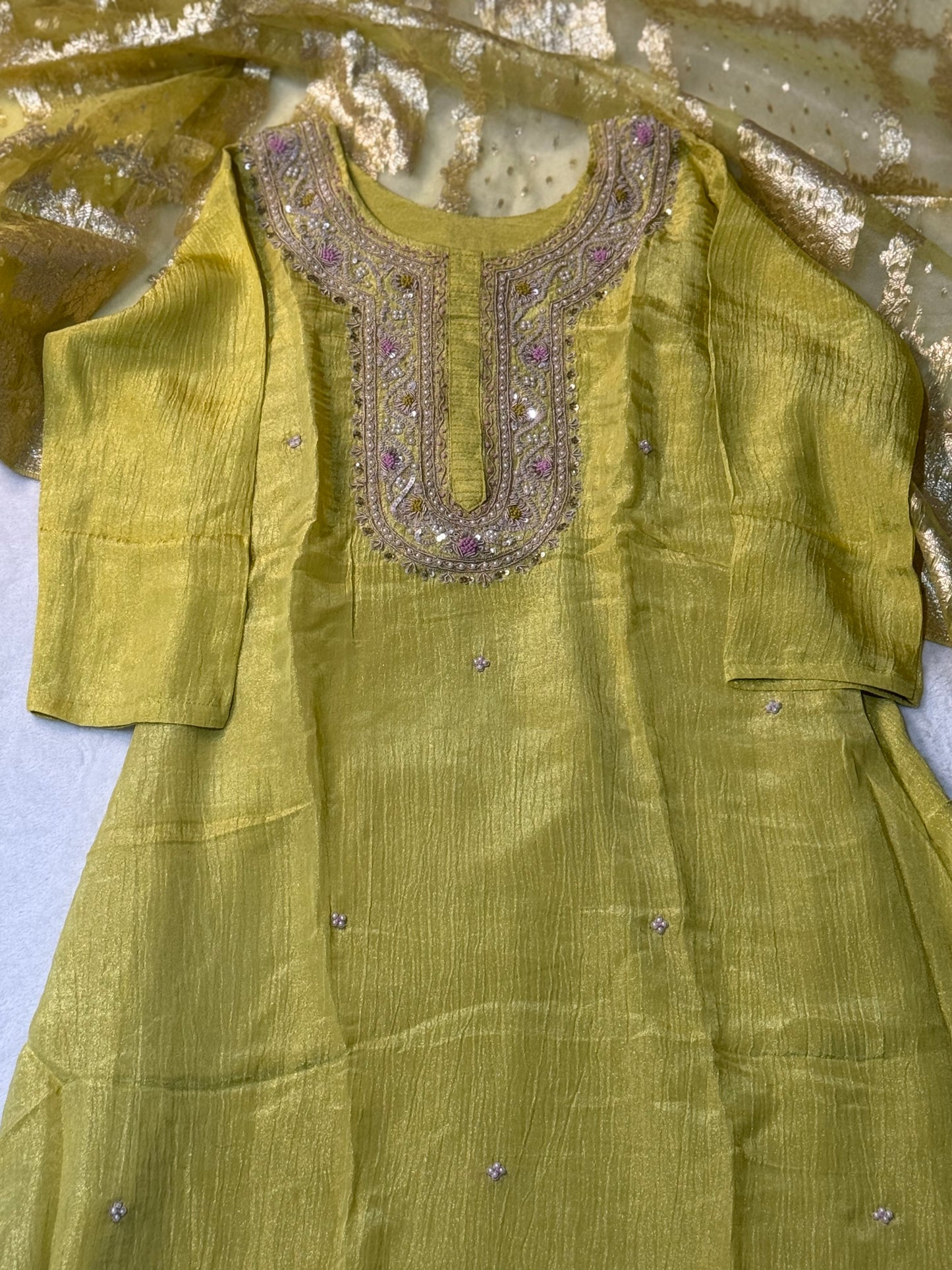 Beautiful yellow shade crush tissue kurti set with banaras dupatta