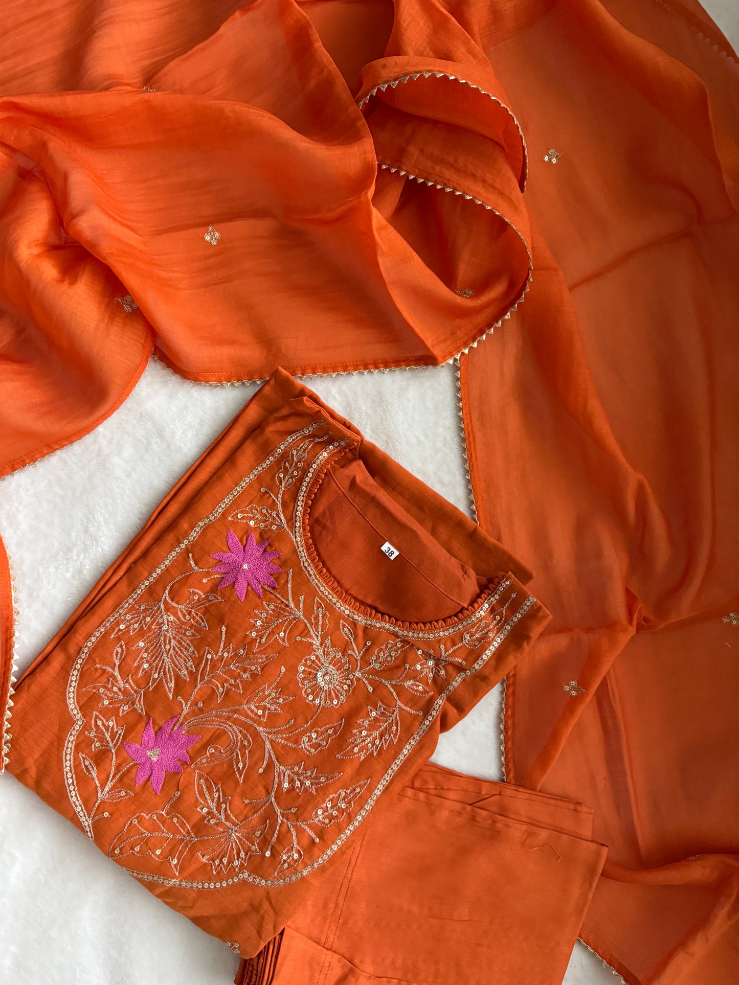 Rust Orange Mul Chanderi Straight Cut Kurti Set with Dupatta – Elegant Party & Festive Wear