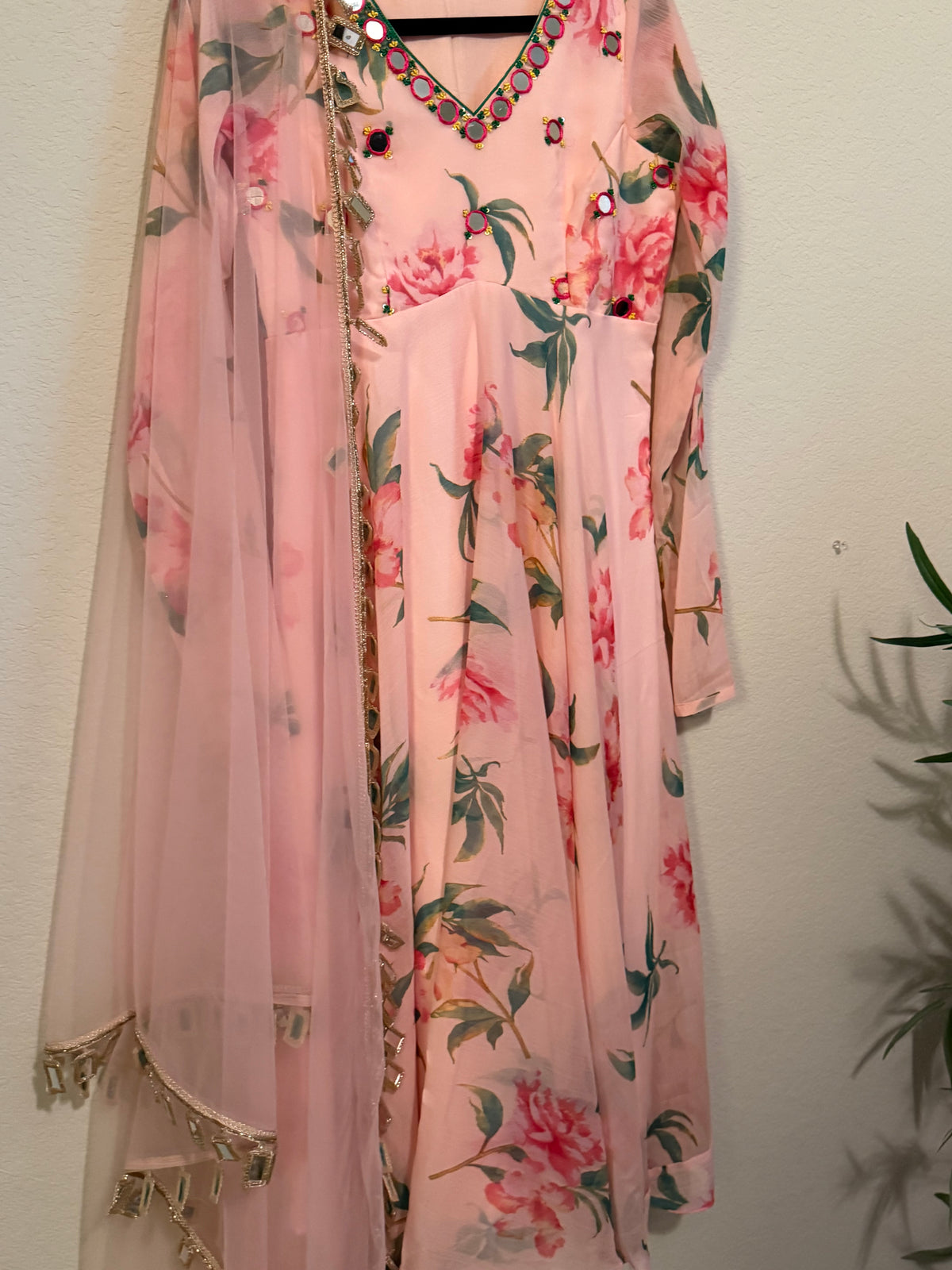 Peachish Pink Shade Soft Georgette Heavy Flared Floral Mirror Work Anarkali Set - Top and Dupatta