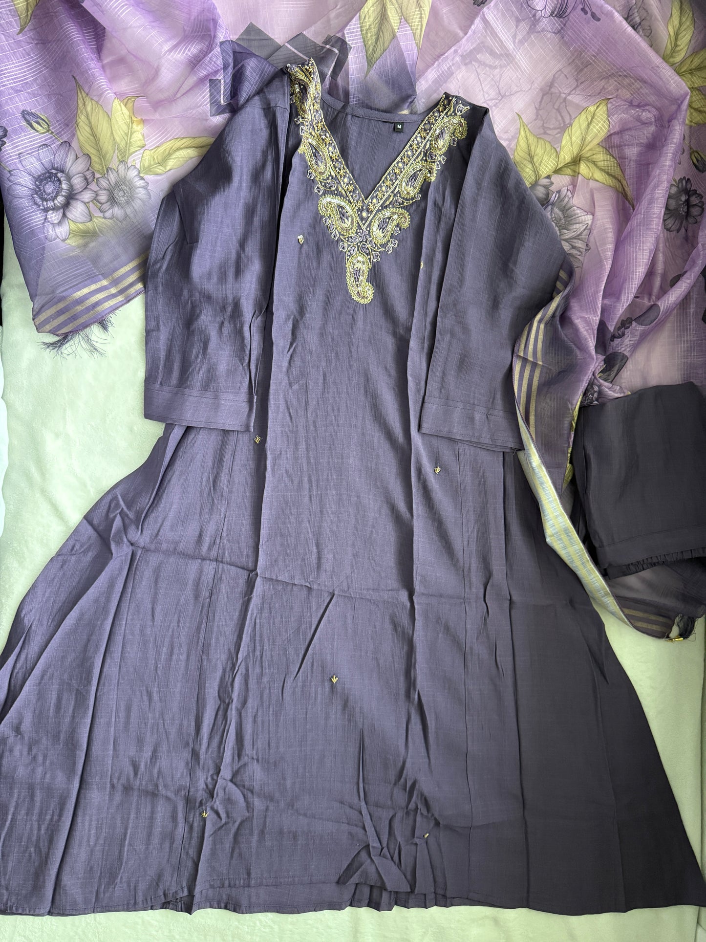 Purple shade vatican silk handwork anarkali kurti set with floral dupatta
