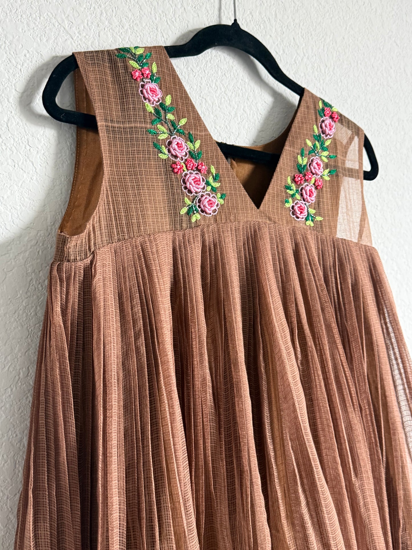 Brown Kota Sleeveless Maggam Work Dress