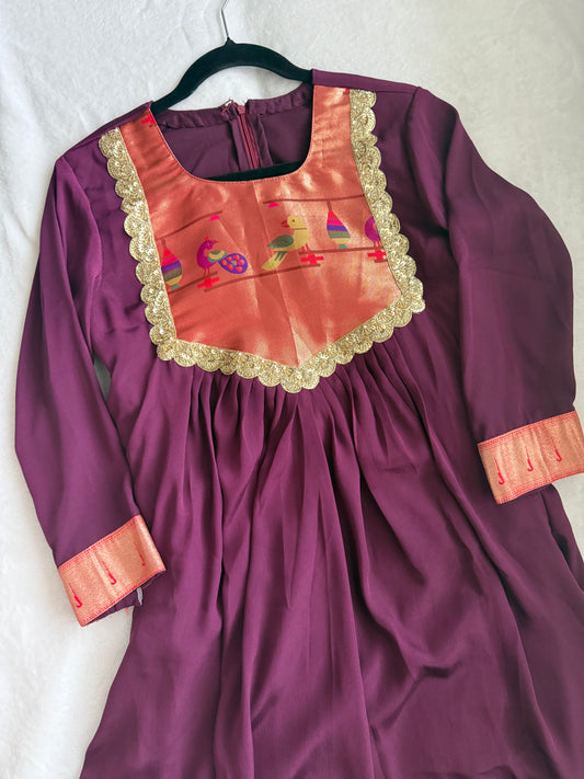 Wine shade paithani crape tunic with beautiful lace detailing