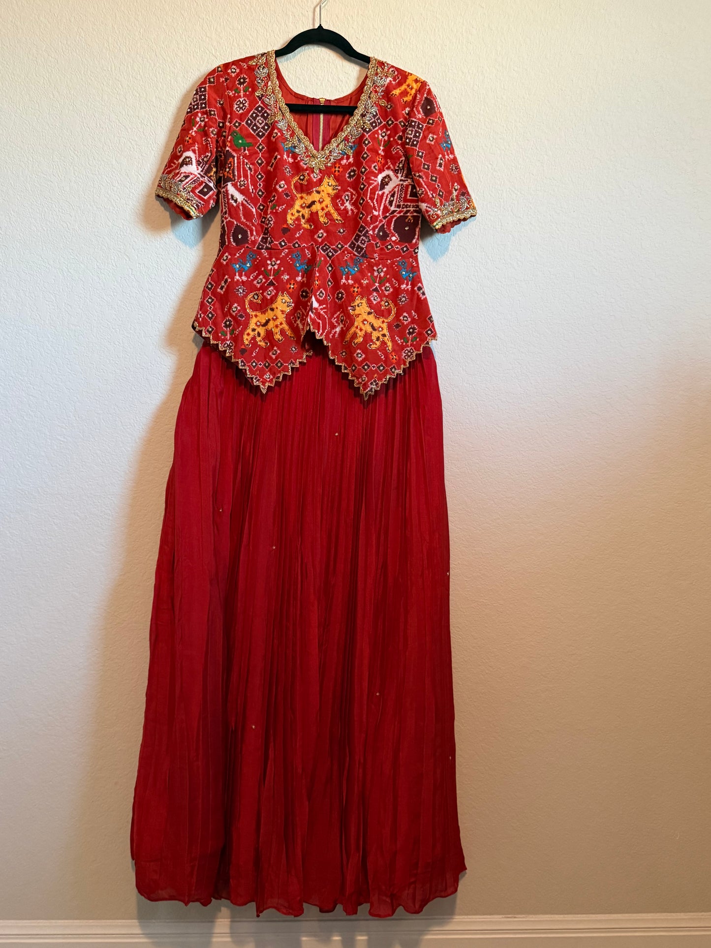 Rust Orange Pure Patola Diamond Cut Pattern Peplum Top with Skirt Set