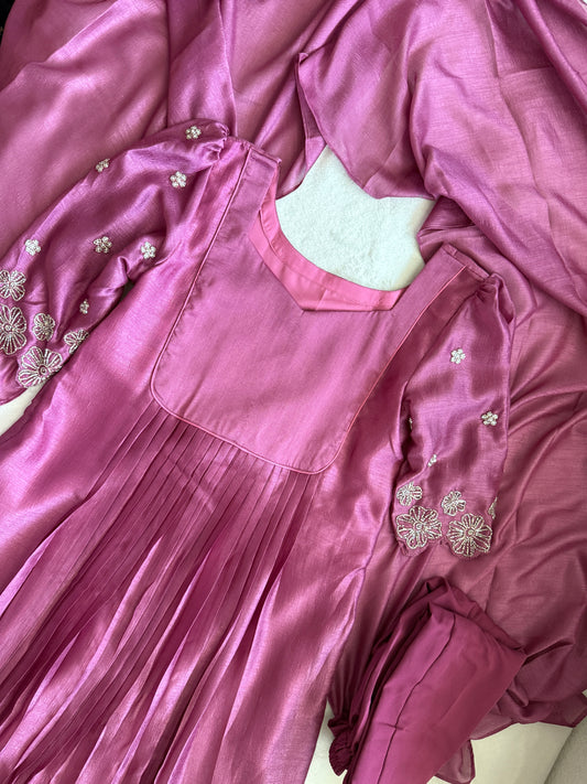 Magenta shade blooming silk handwork pleated anarkali set