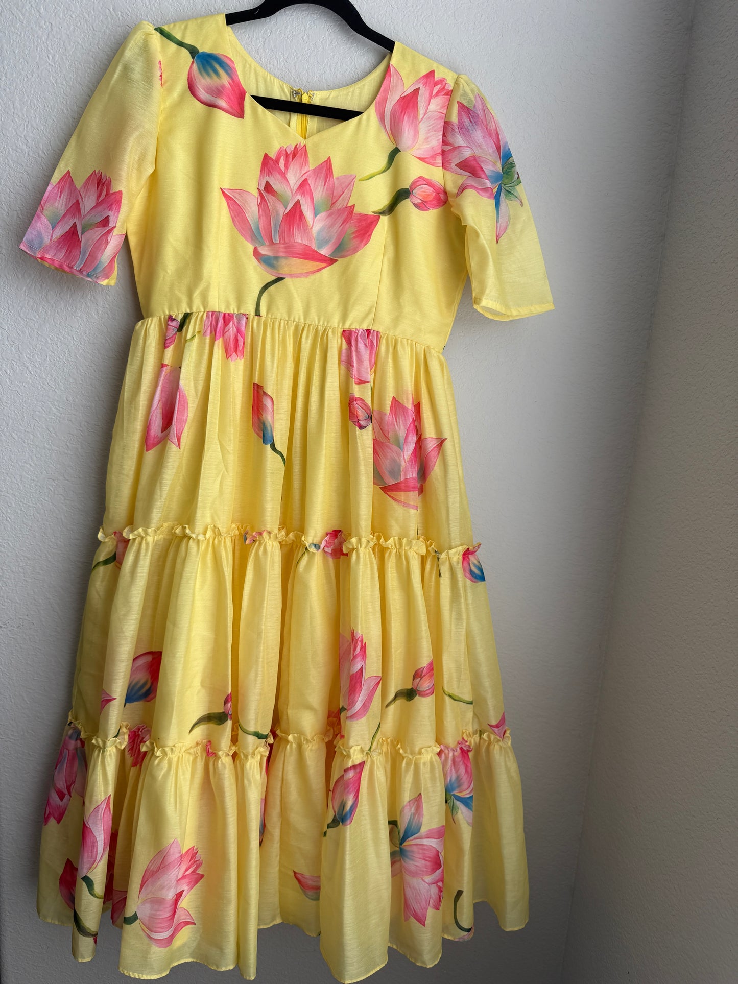 Yellow floral chanderi three tier midi dress