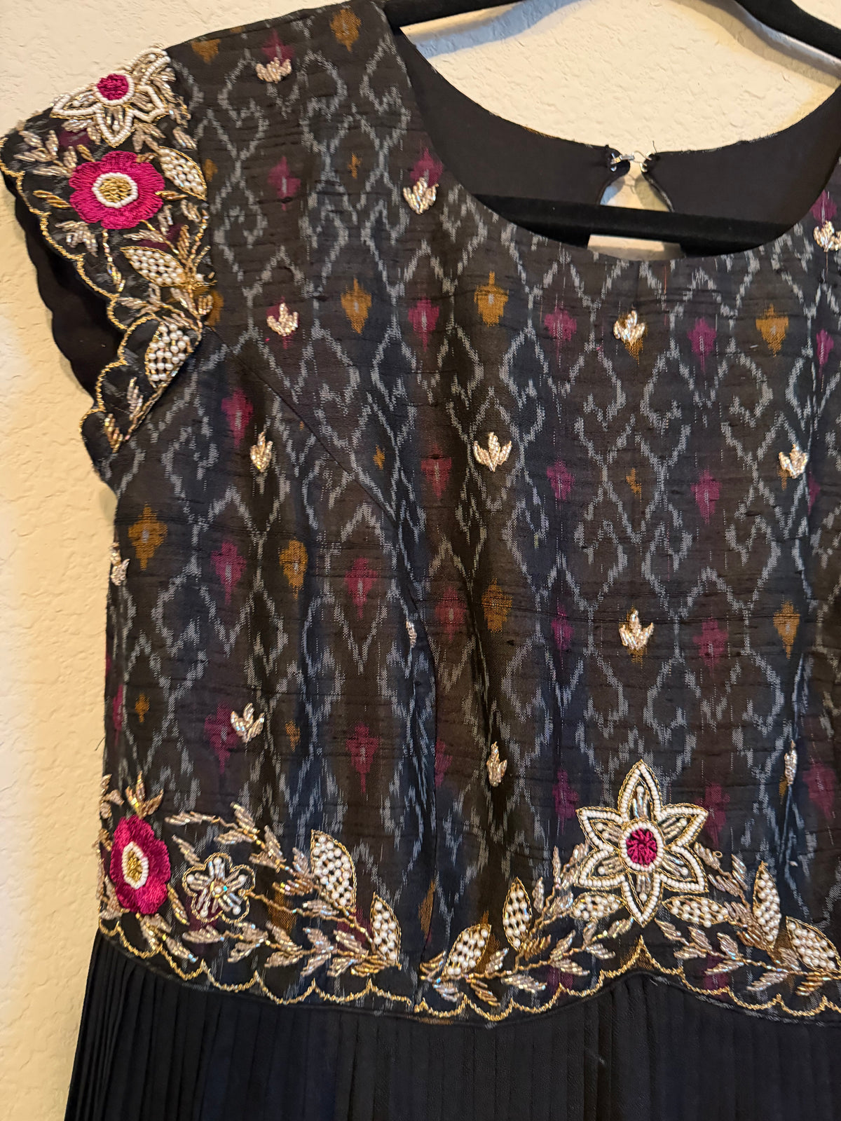 Black Raw Silk Ikkath Maggam Work Designer Long Dress with Short Sleeve