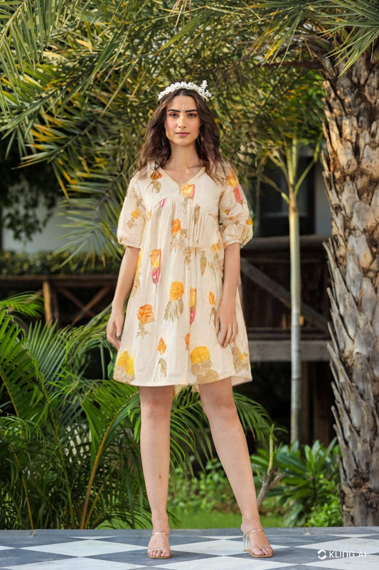 Biege with orange cotton short dress
