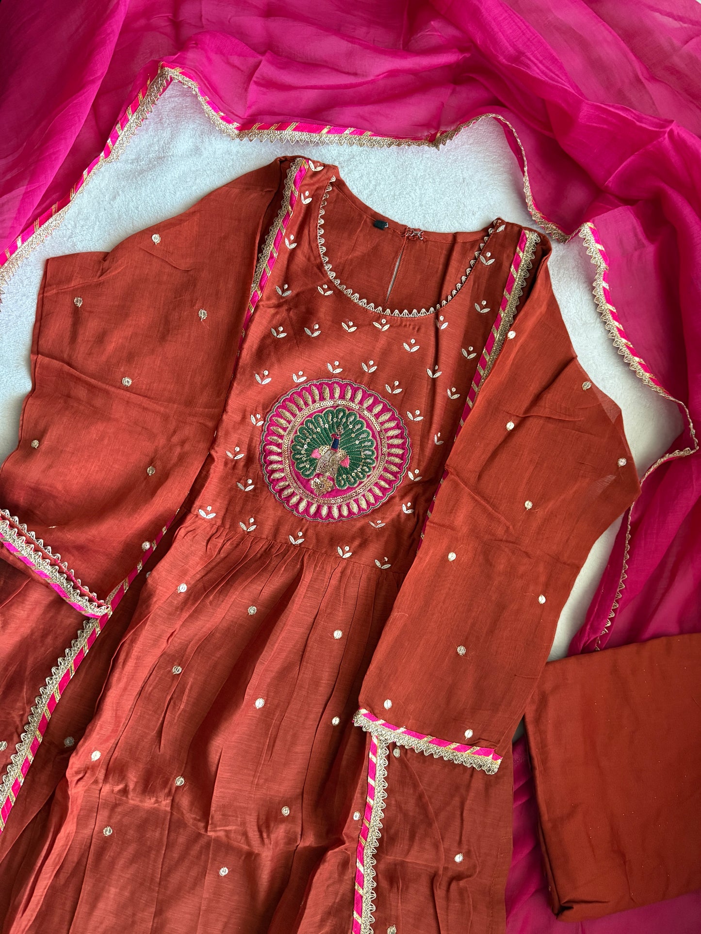 Rust orange pure mul chanderi suit set