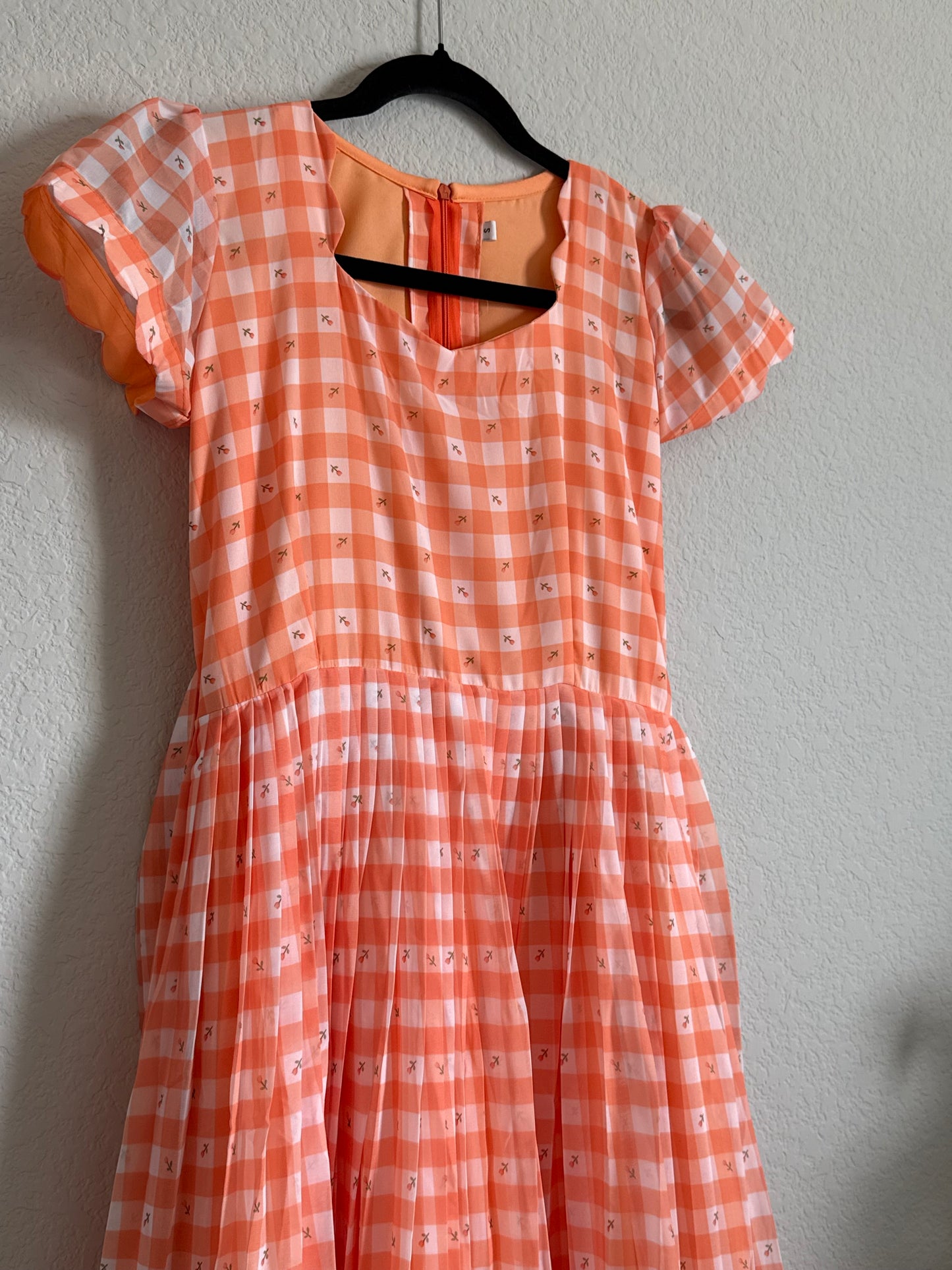 Orange Floral Checks Georgette scallop style frock with short scallop sleeve