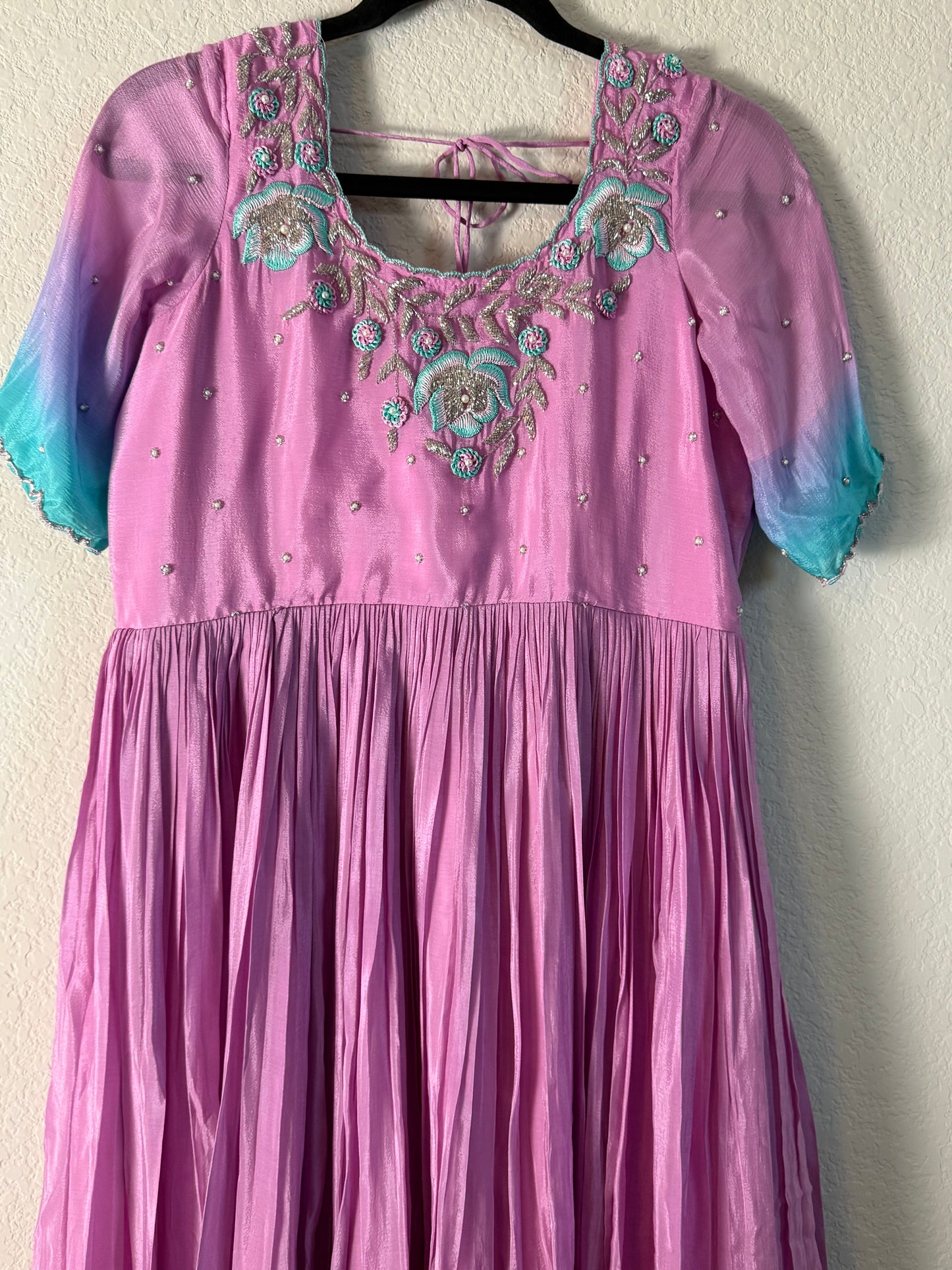 Light Pink with Teal Blue Chinnon Maggam Work Long Dress