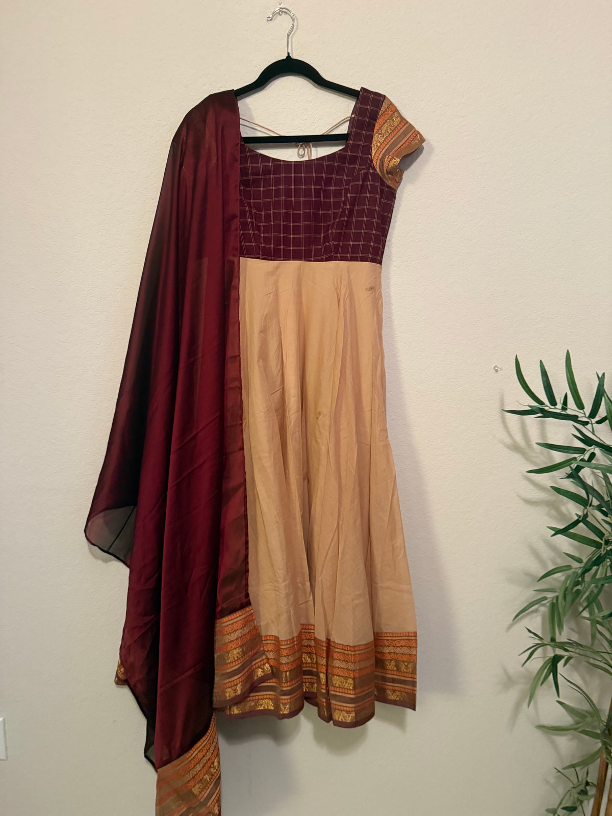 Premium Cream and Maroon Cotton Traditional Anarkali Set - Top and Dupatta