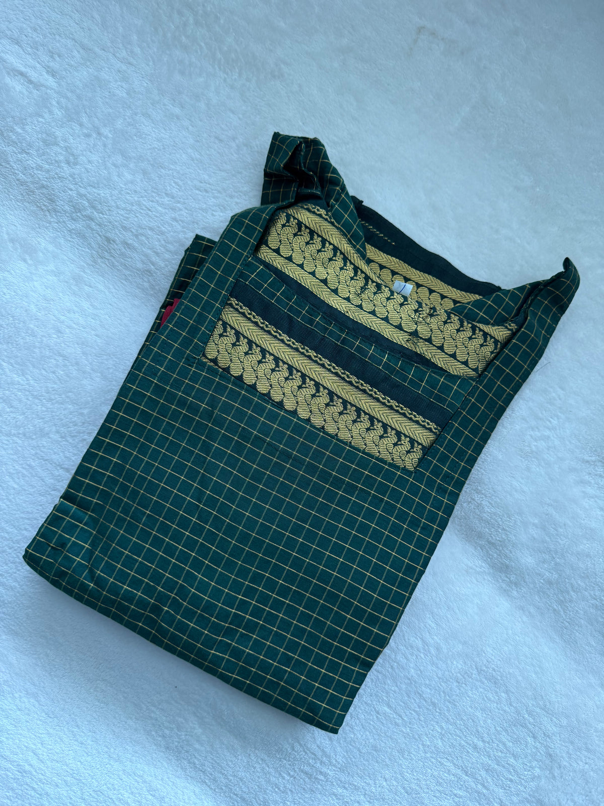 Green with Maroon Handloom Checks Top and Dupatta Set