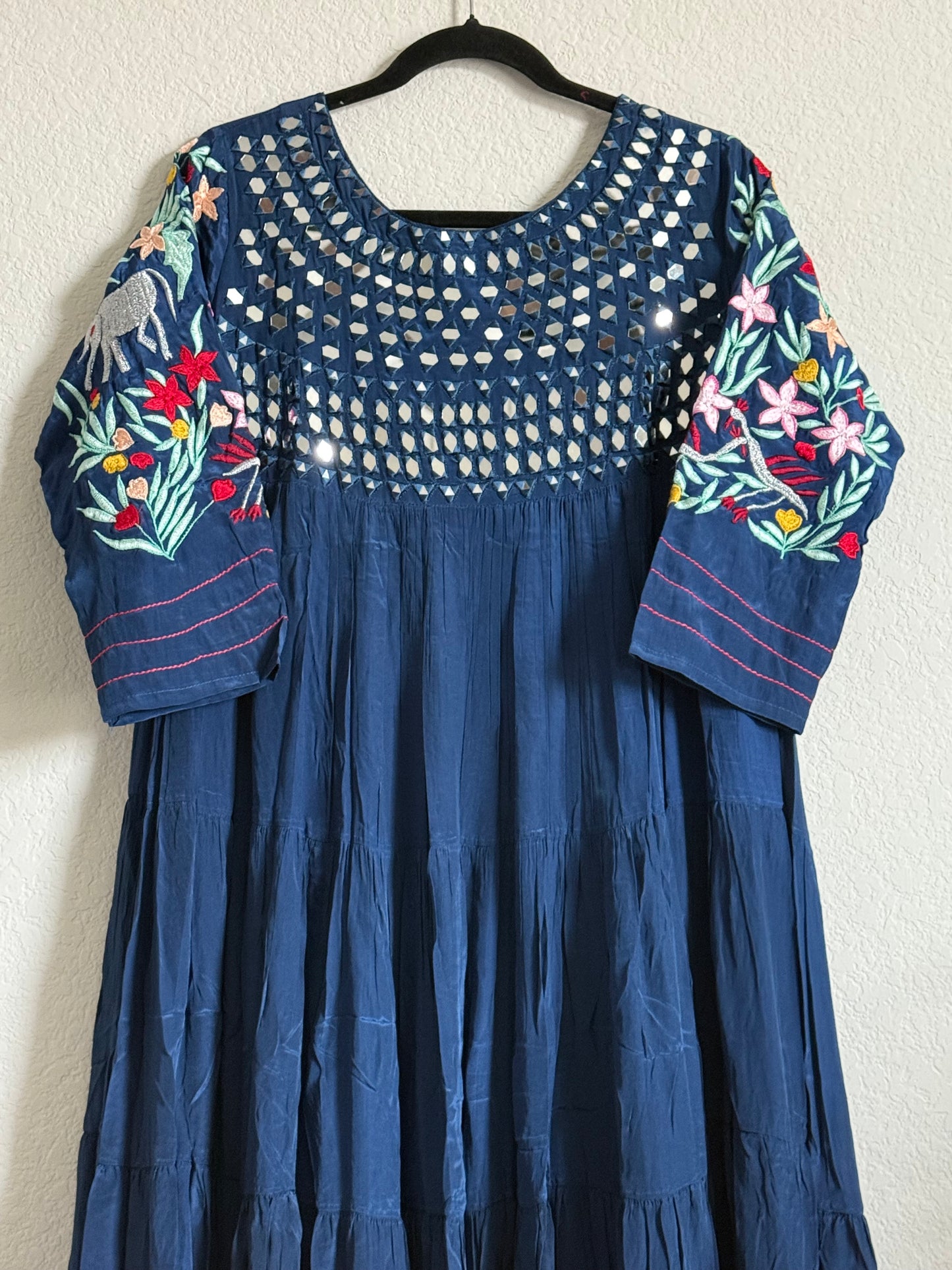 Navy Blue Heavy mirror work chinnon embroidered gown