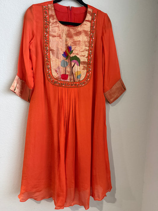 Orange pure paithani crape maggam work tunic