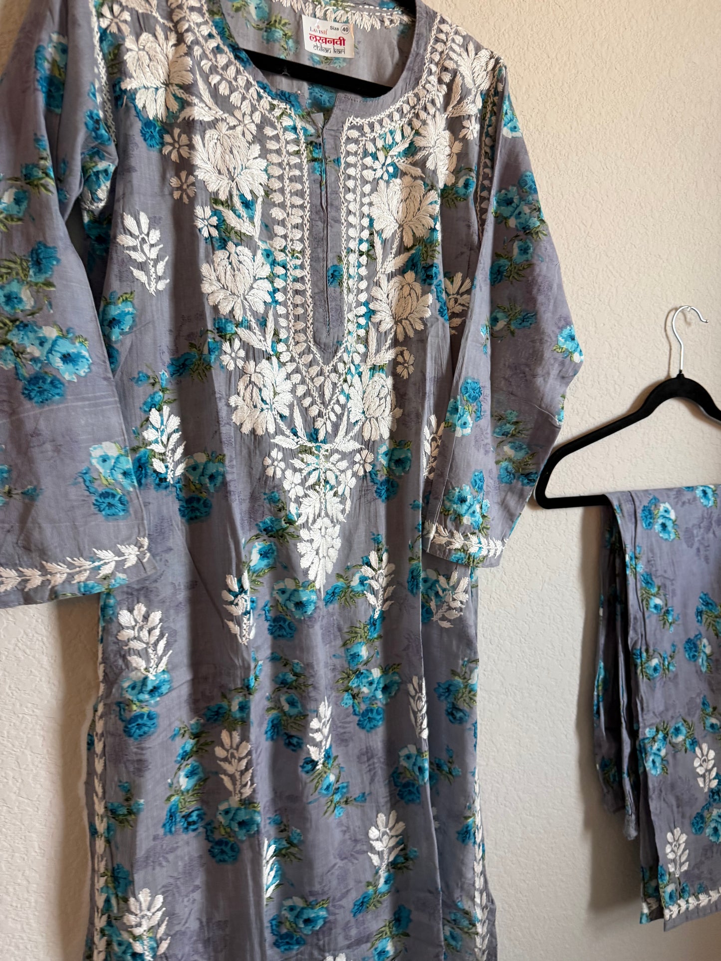 Gray Floral Printed Cotton Chikankari Coord Set - Top with Palazzo