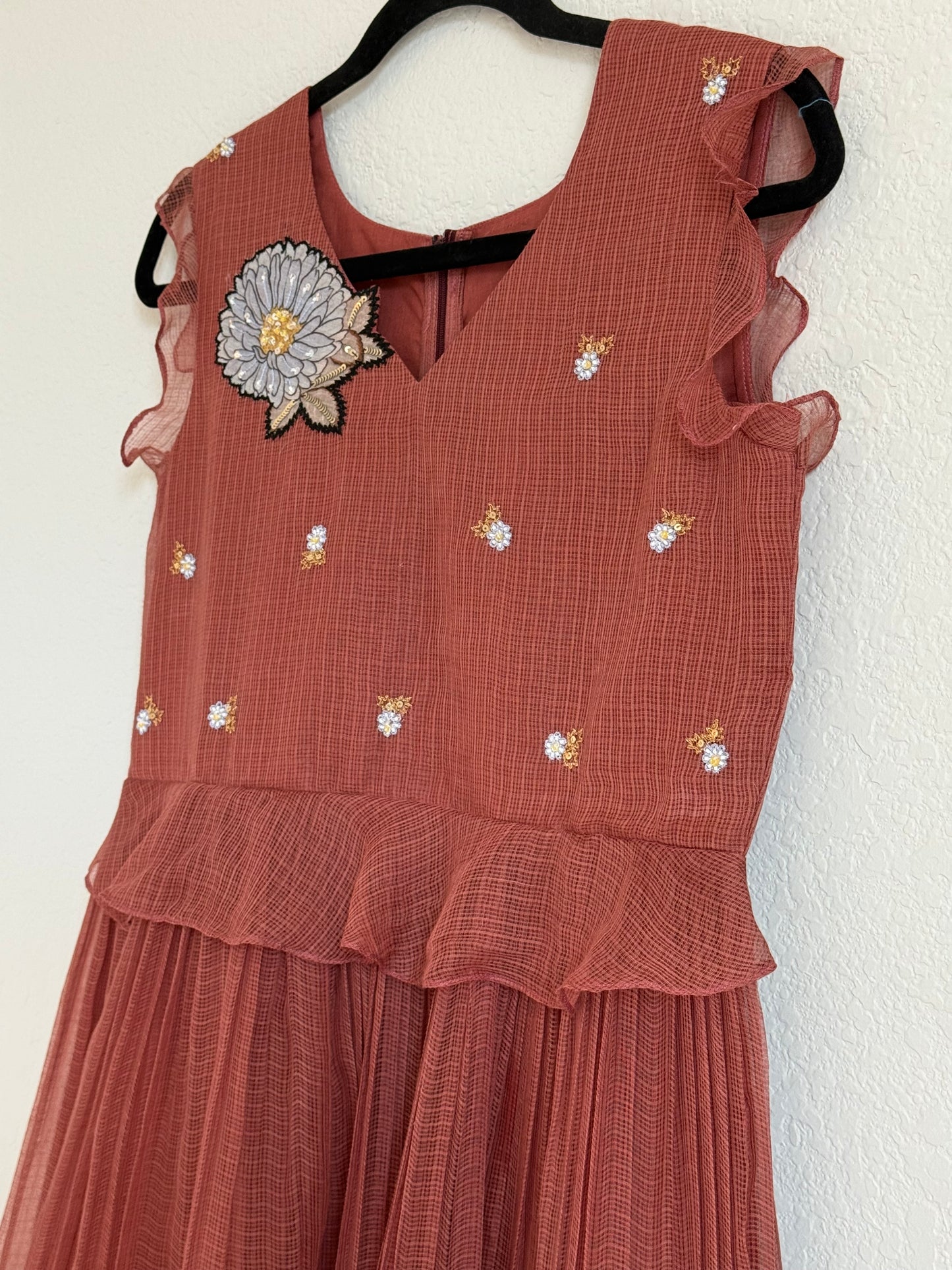 Brown Kota Applique Maggam Work Dress
