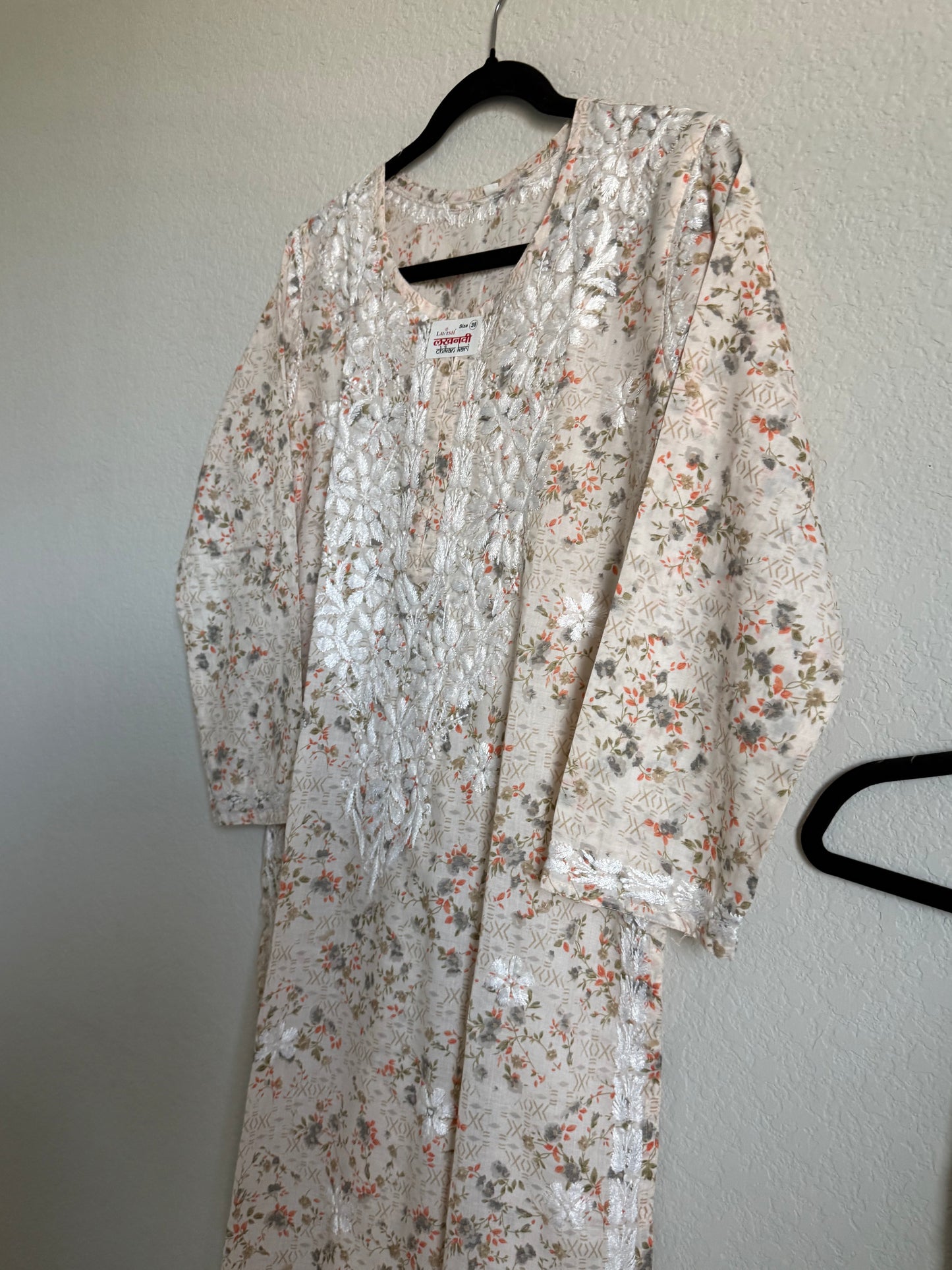 Orange Floral Printed Cotton Chikankari Coord Set - Top with Palazzo