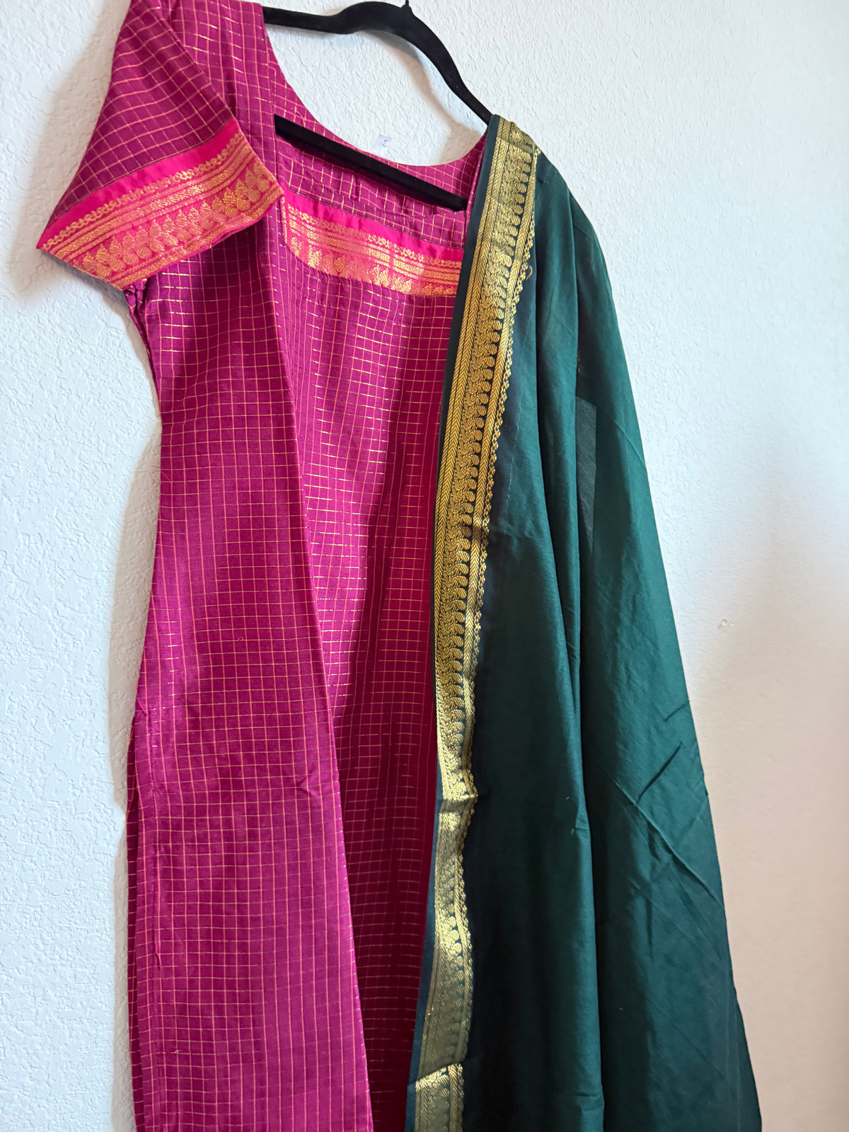 Pink with Green Handloom Checks Top and Dupatta Set