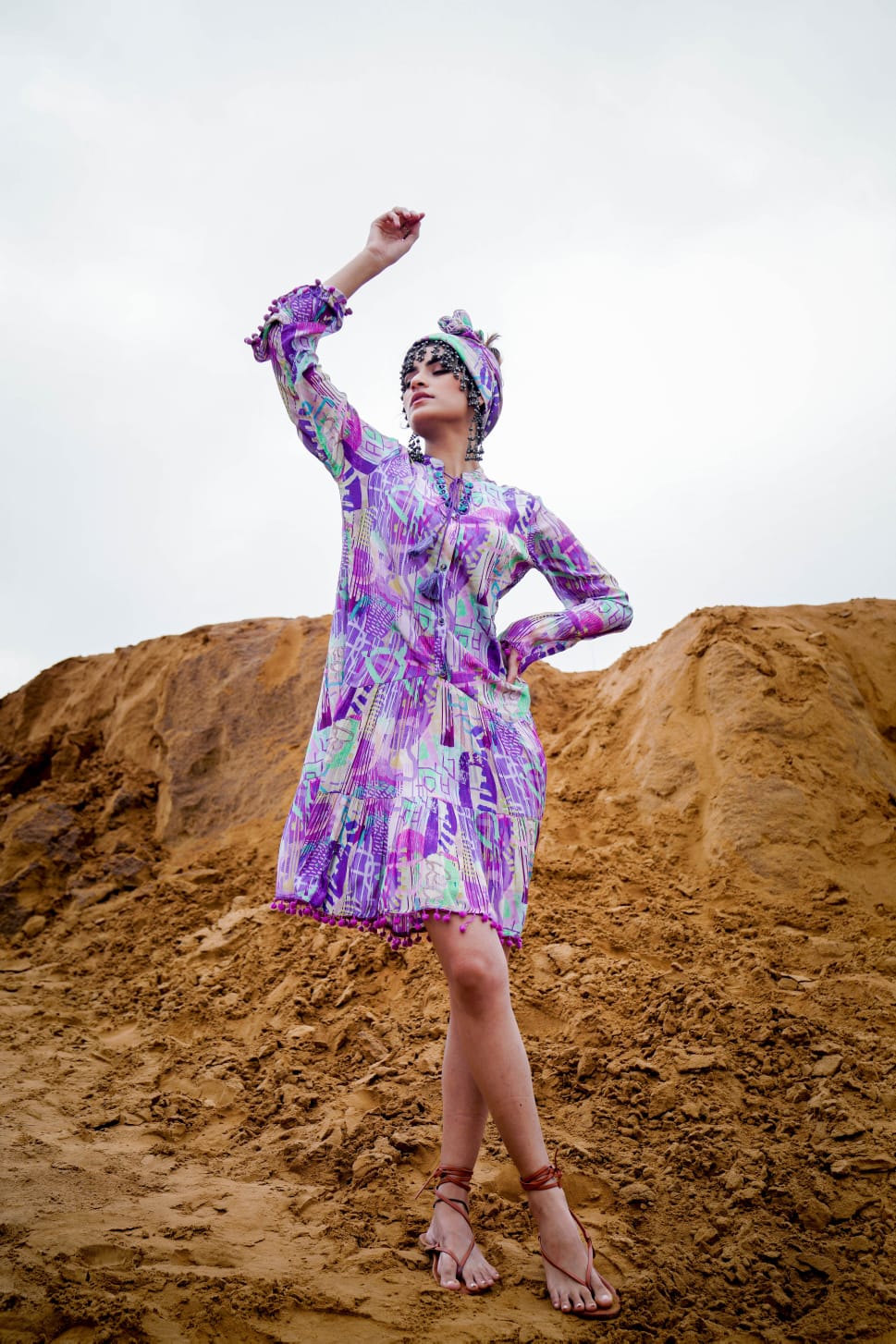 Purple abstract pattern chiffon short dress