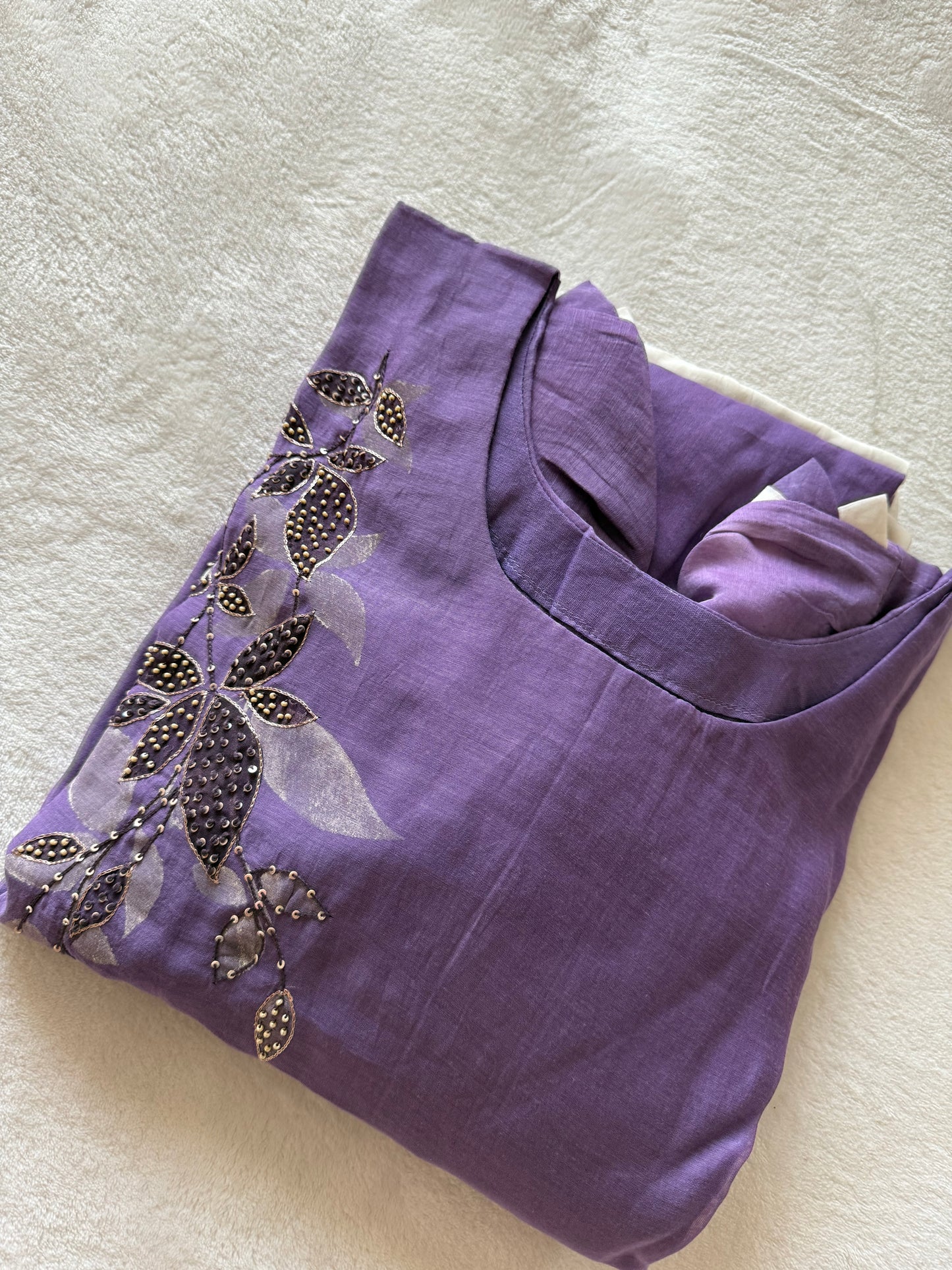 Pure mul chanderi handwork aline suit