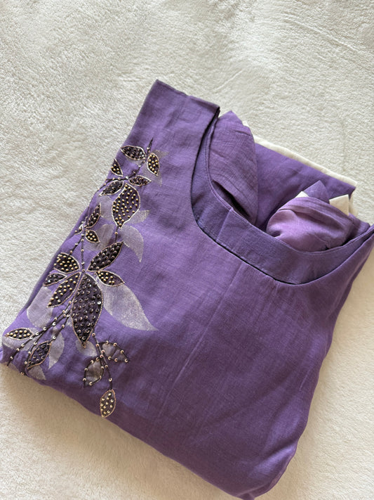 Pure mul chanderi handwork aline suit