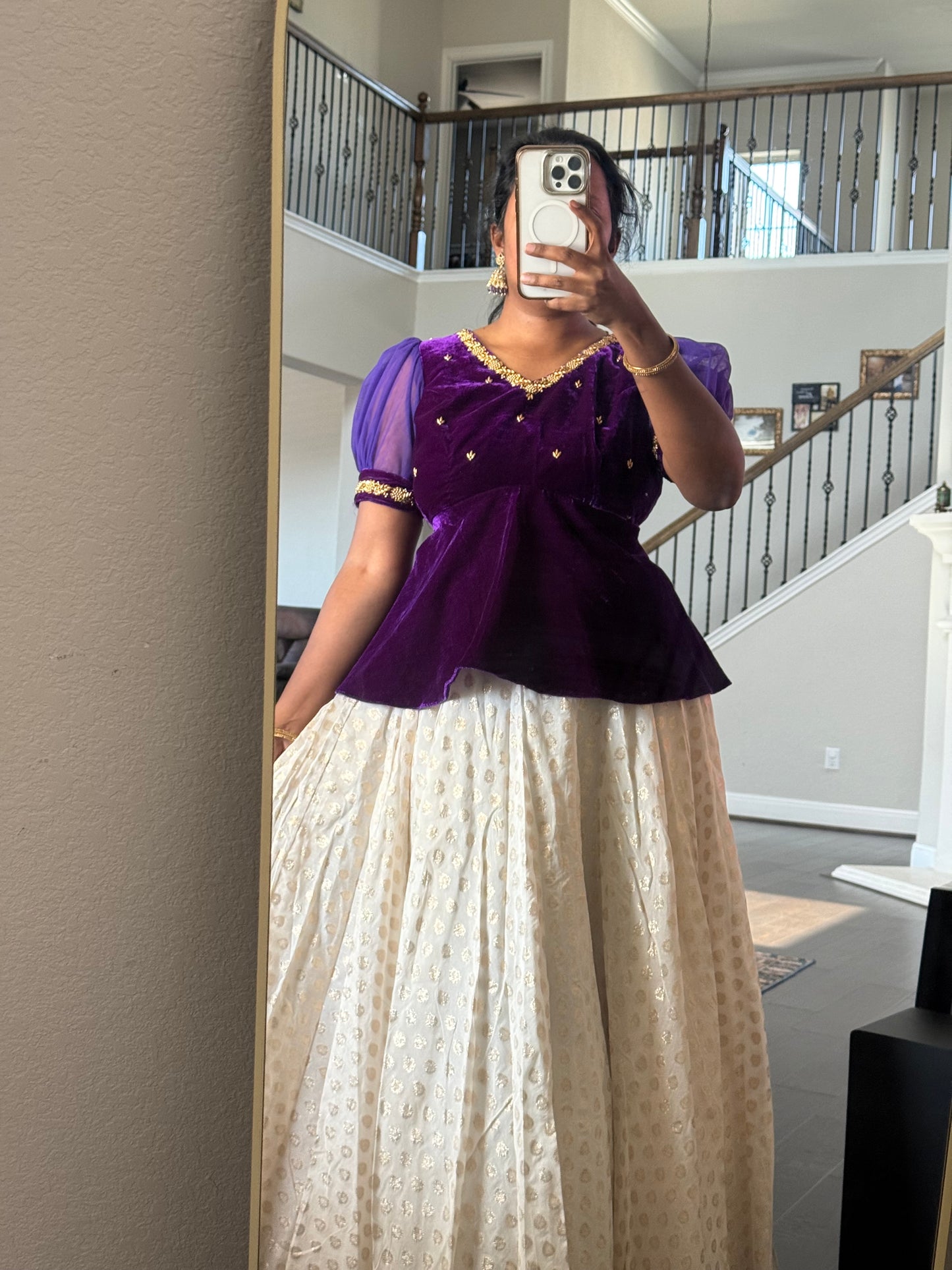 Purple Velvet peplum top with banarasi skirt