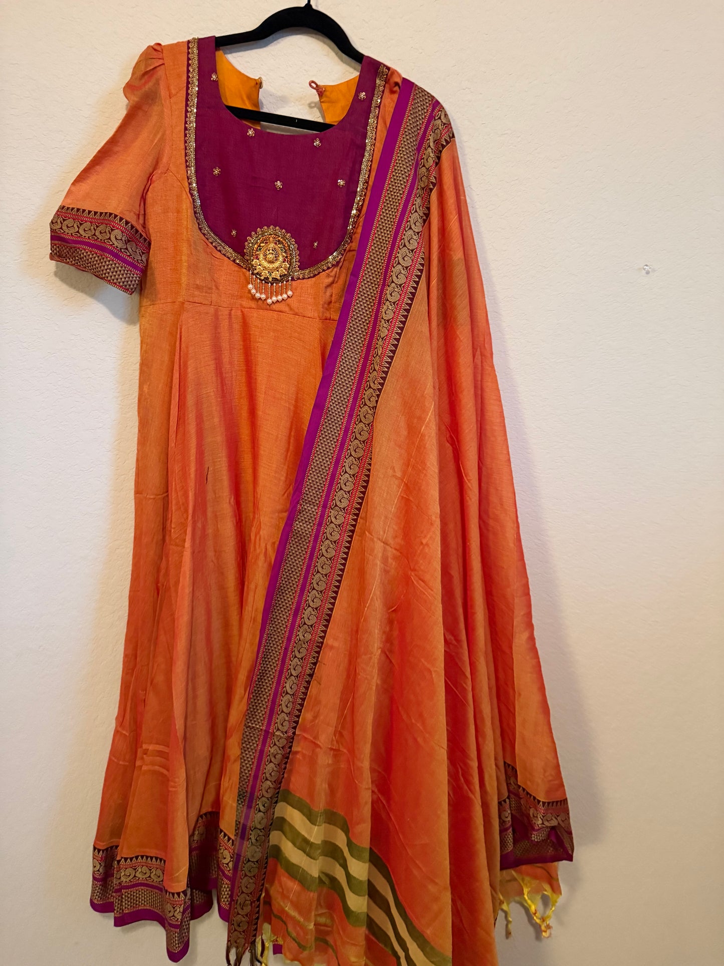 Orange Narayanpet Maggam Work Anarkali with Dupatta