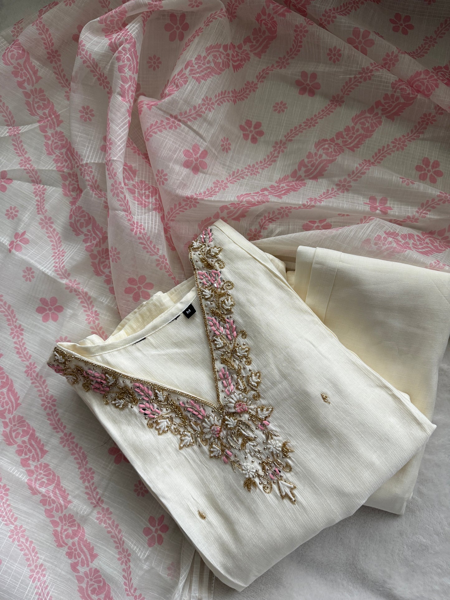 Ivory shade vatican silk handwork anarkali kurti set with floral dupatta