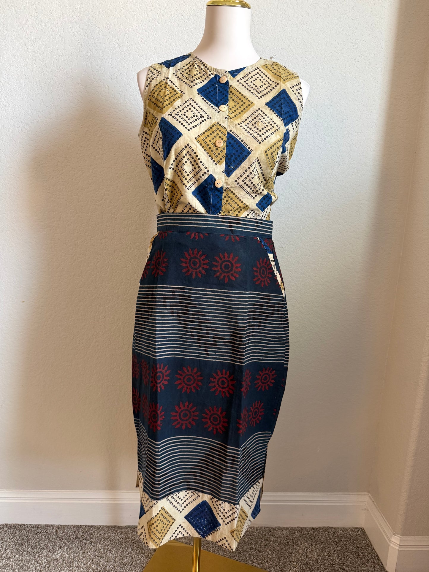 Biege and Blue Cotton Top with Cotton Skirt