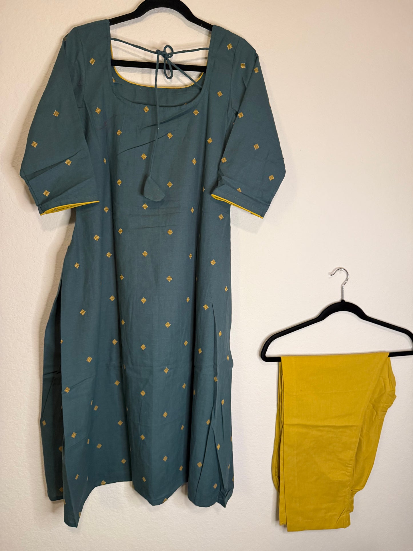 Green and Yellow Cotton A-line Customized Coord Set