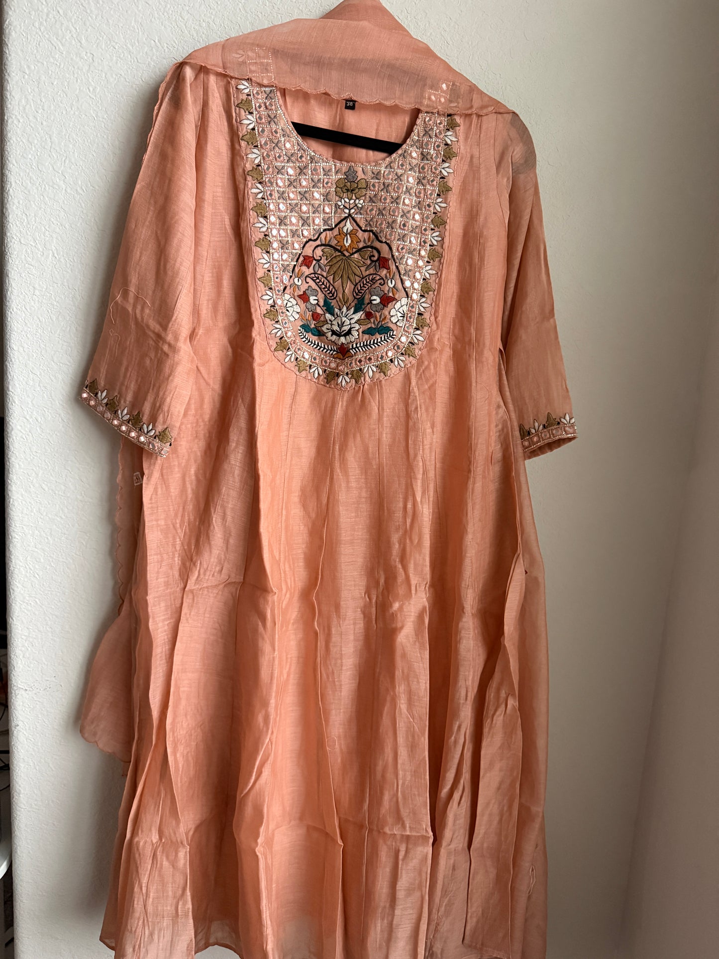 Peach shade pure mul chanderi embroidered anarkali set