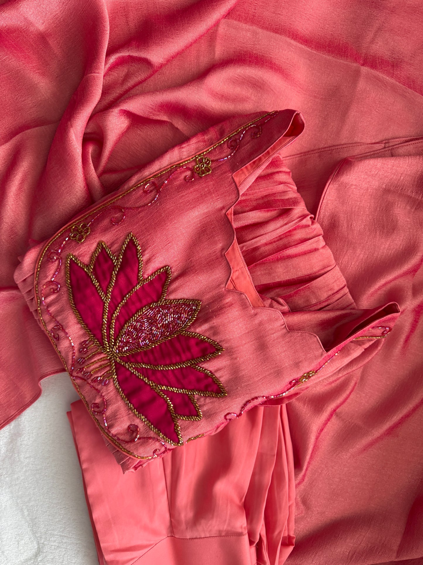 Peach shade lotus handwork customized anarkali set